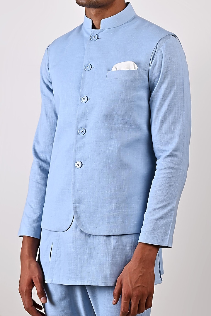 Sky Blue Linen Nehru Jacket Set by Bohame Men at Pernia's Pop Up Shop