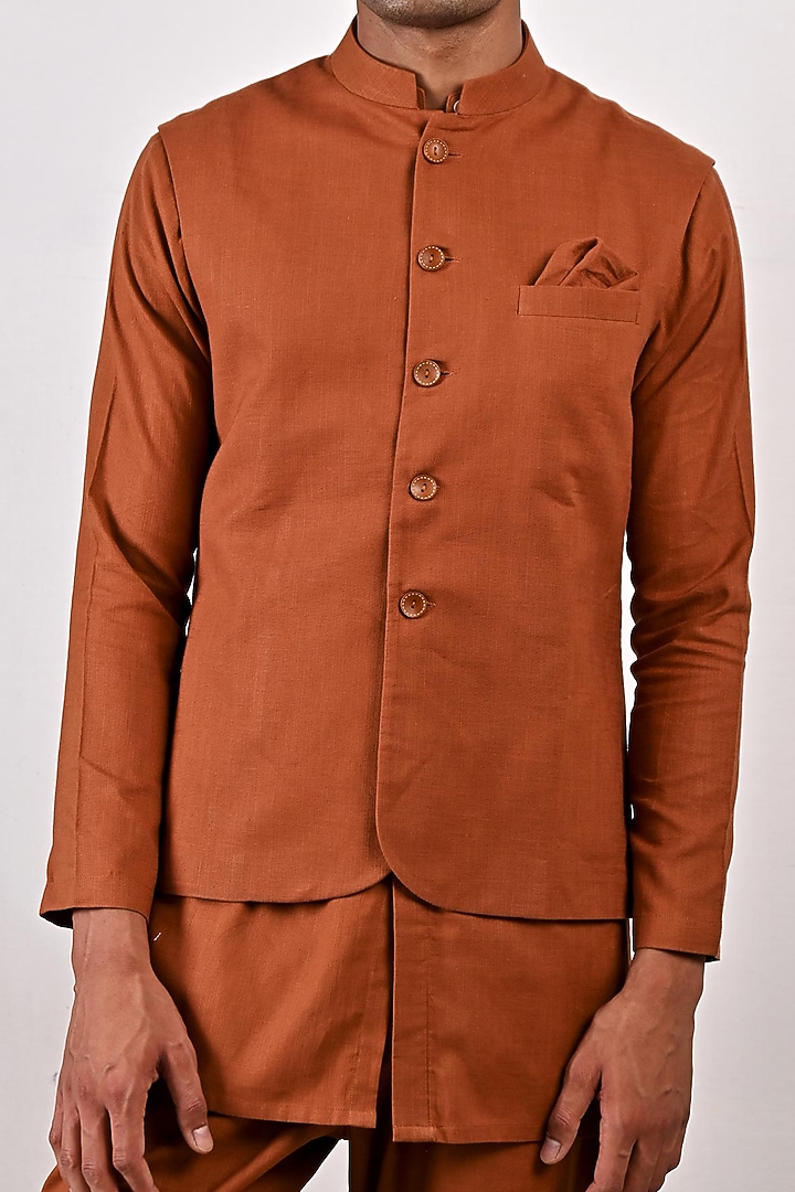 Tan Linen Nehru Jacket Set by Bohame Men at Pernia's Pop Up Shop