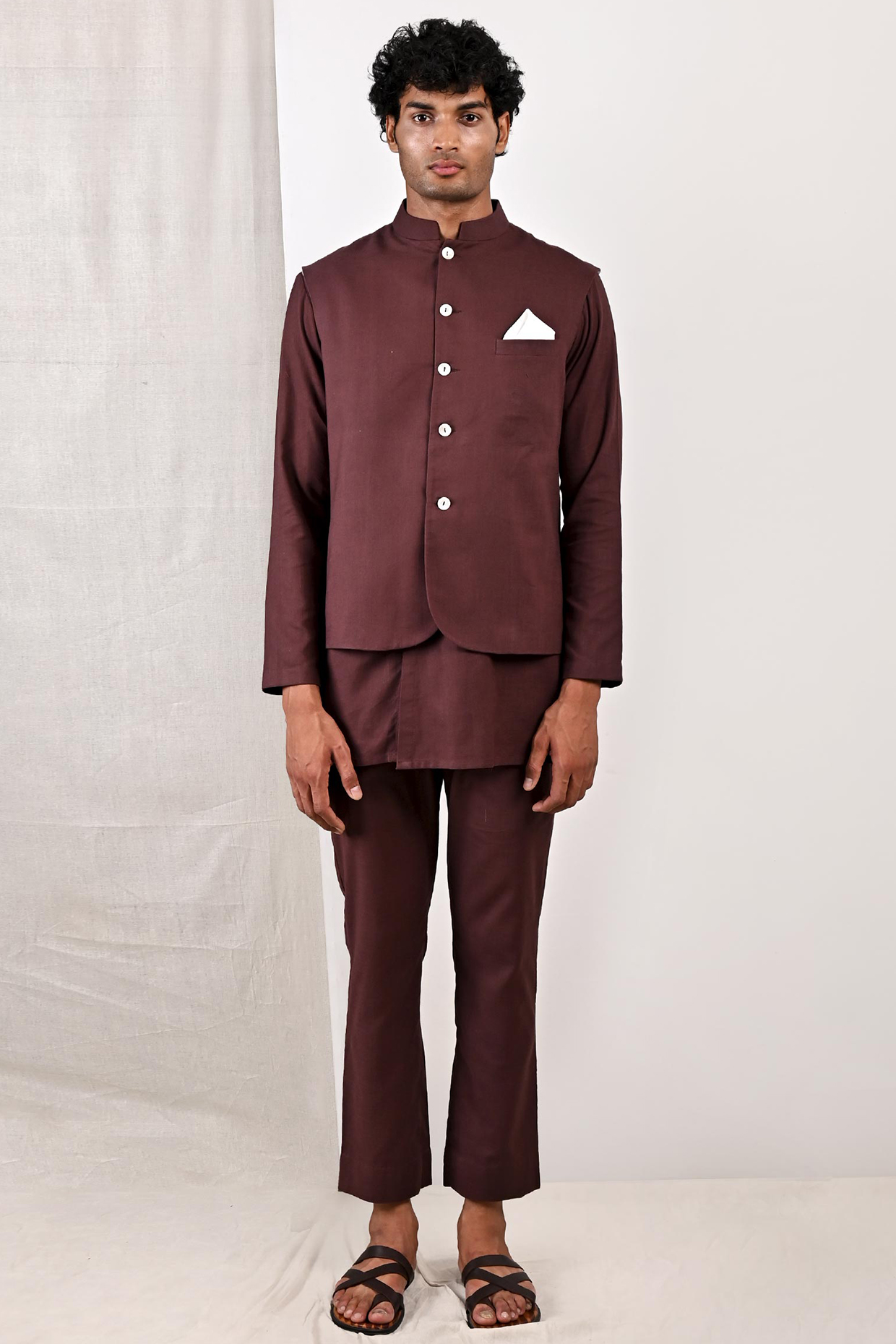 Dark Mahogany Linen Nehru Jacket Set by Bohame Men