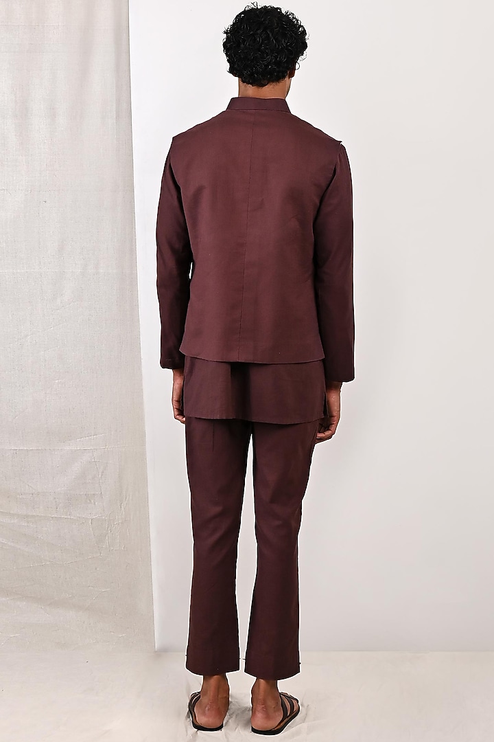 Dark Mahogany Linen Nehru Jacket Set by Bohame Men at Pernia's Pop Up Shop