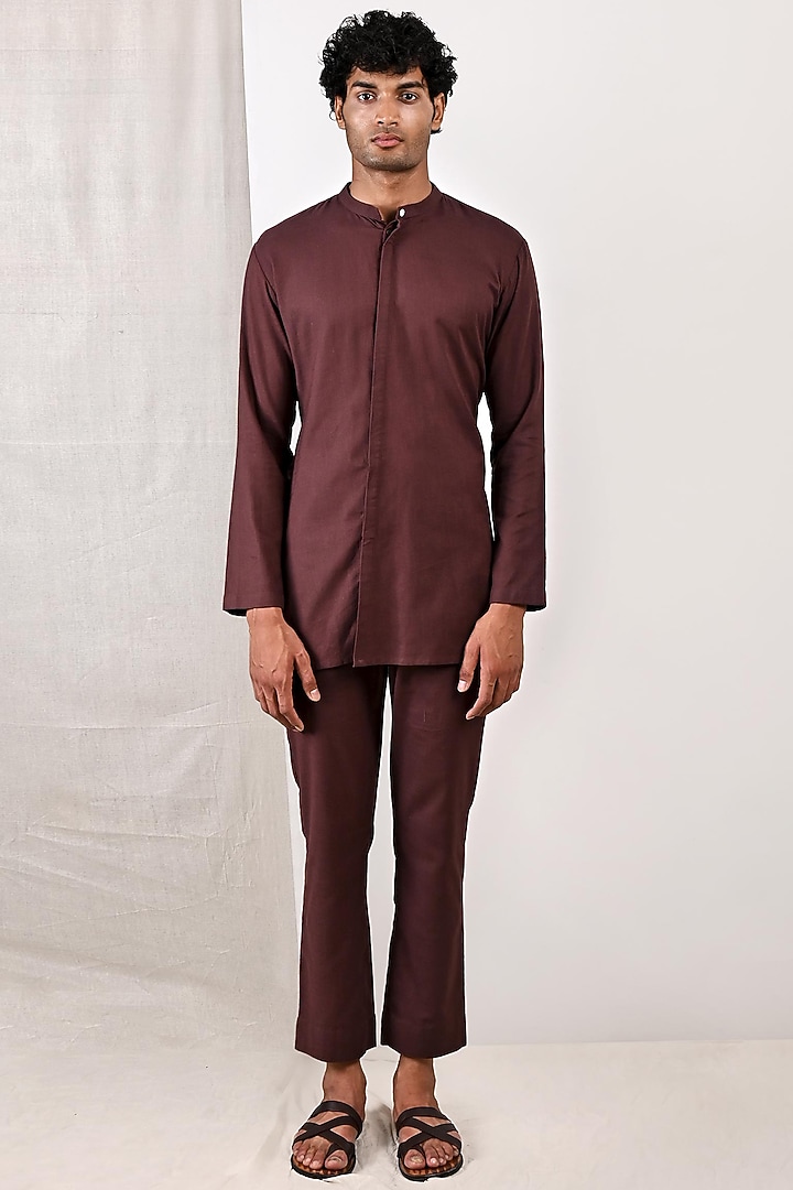 Dark Mahogany Linen Nehru Jacket Set by Bohame Men at Pernia's Pop Up Shop