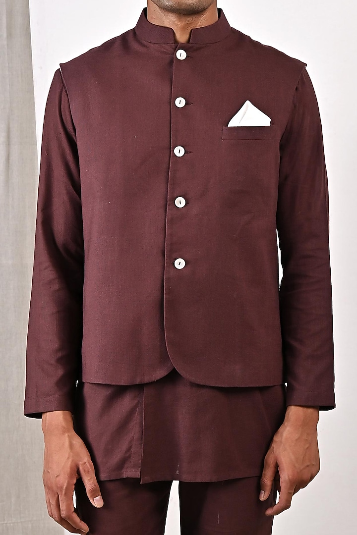 Dark Mahogany Linen Nehru Jacket Set by Bohame Men at Pernia's Pop Up Shop