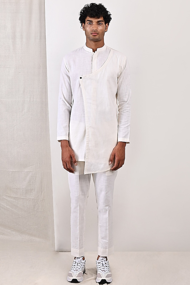Off-White Linen Asymmetrical Kurta Set by Bohame Men