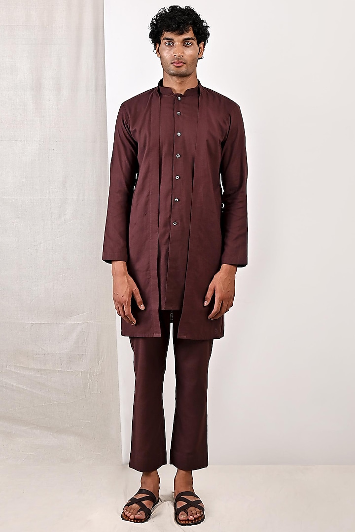 Dark Mahogany Linen Jacket Style Kurta Set by Bohame Men