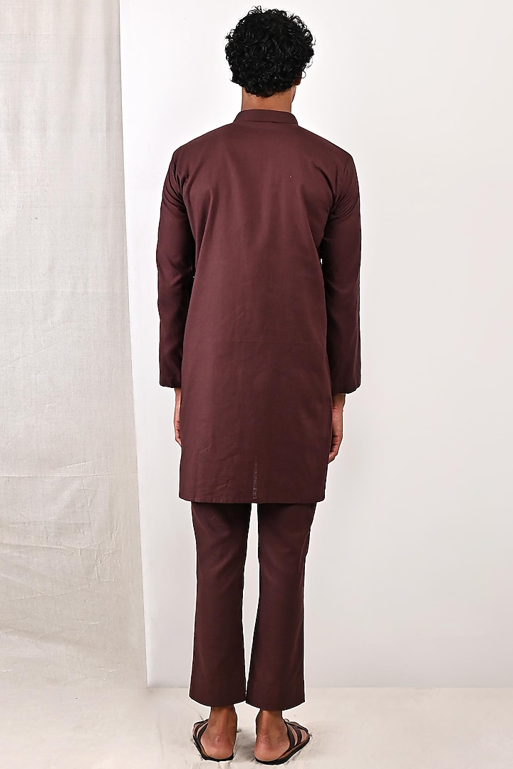 Dark Mahogany Linen Jacket Style Kurta Set by Bohame Men at Pernia's Pop Up Shop