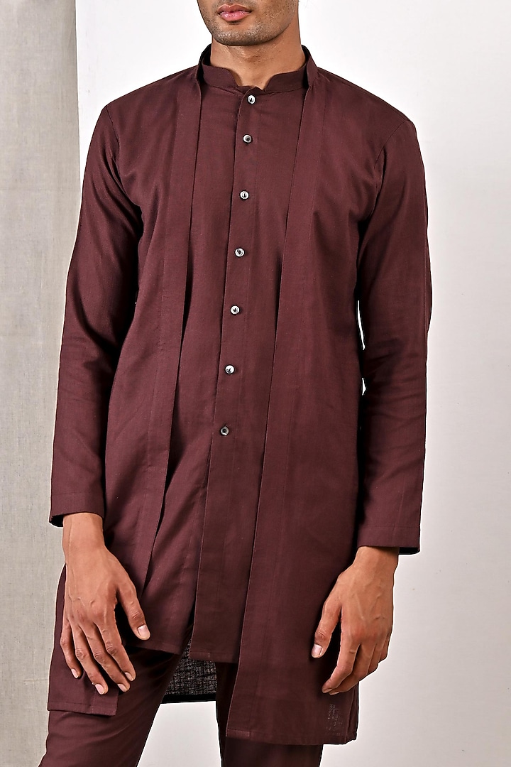 Dark Mahogany Linen Jacket Style Kurta Set by Bohame Men at Pernia's Pop Up Shop