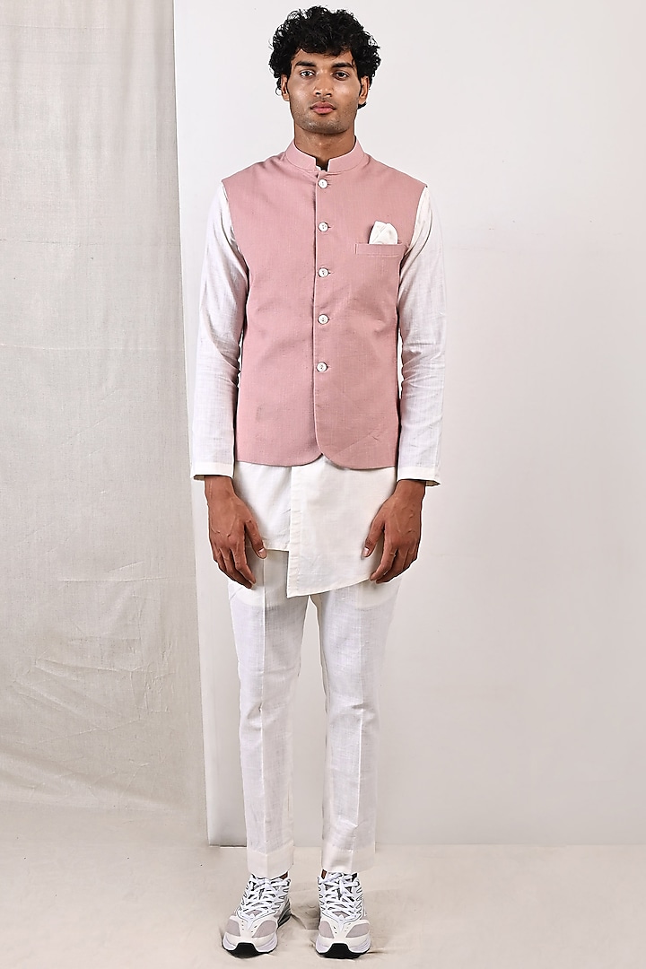 Off-White Linen Kurta Set With Nehru Jacket by Bohame Men
