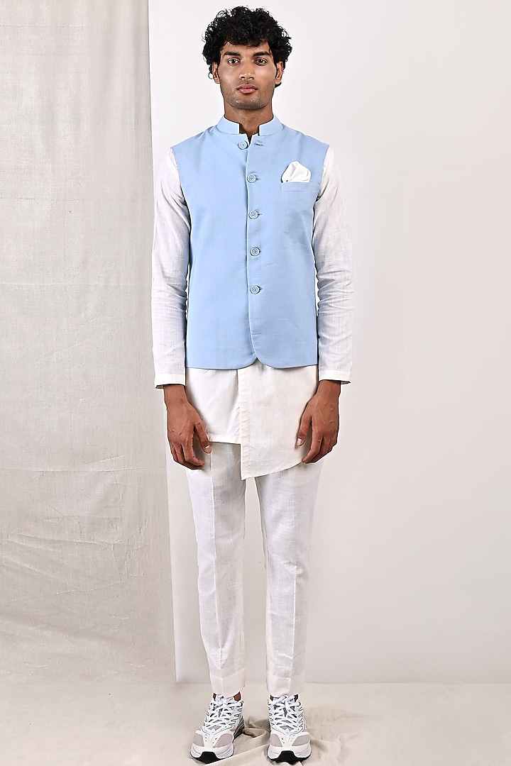 Blue Linen Nehru Jacket Set by Bohame Men