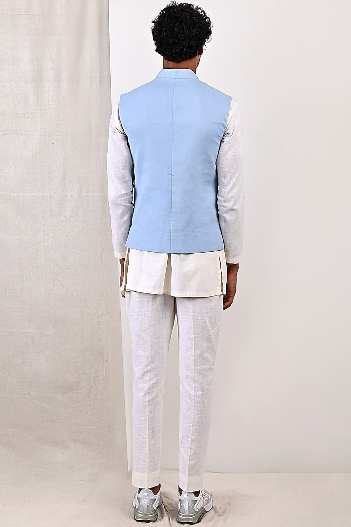 Sky Blue Linen Nehru Jacket Set by Bohame Men at Pernia's Pop Up Shop