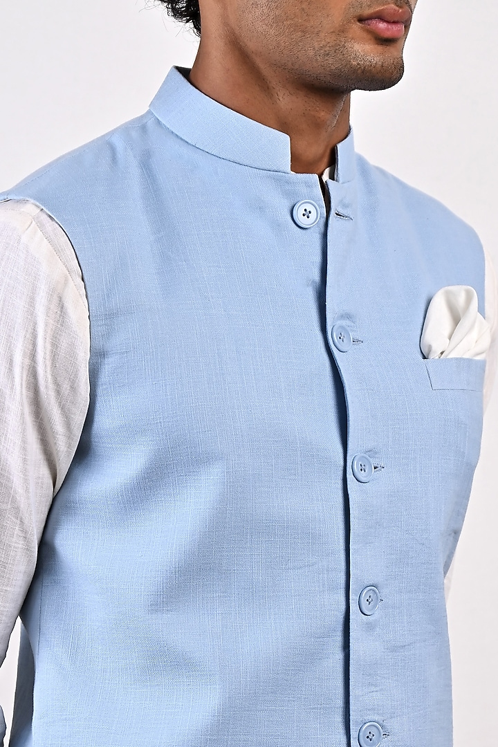 Sky Blue Linen Nehru Jacket Set by Bohame Men at Pernia's Pop Up Shop