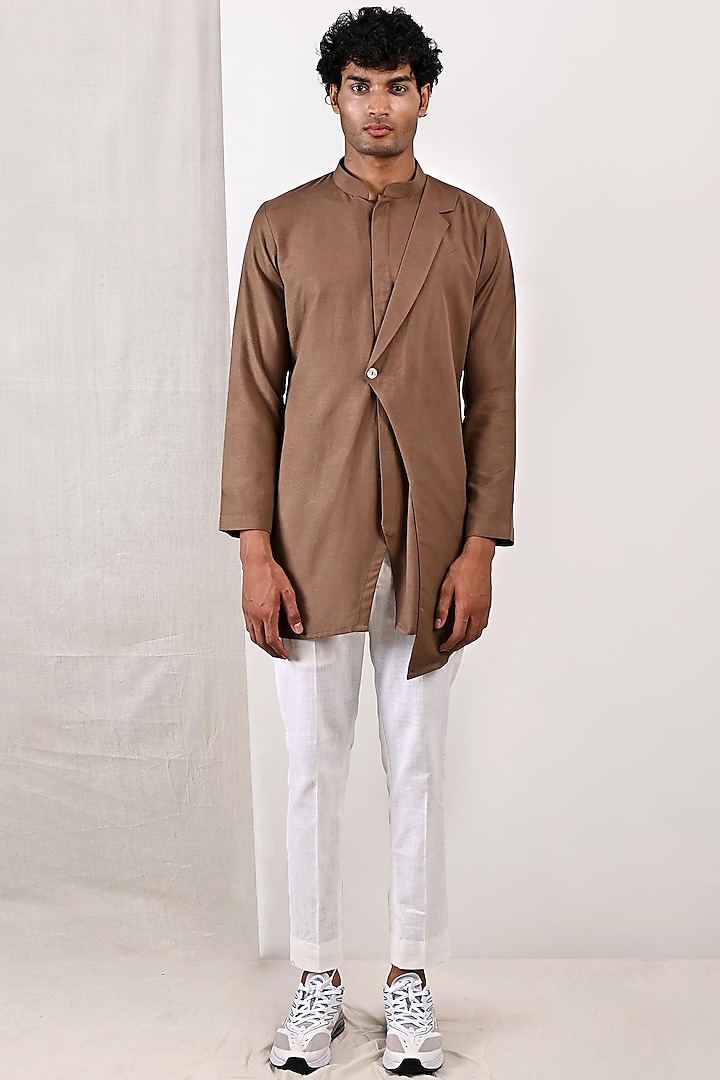 Light Brown Linen Kurta Set by Bohame Men