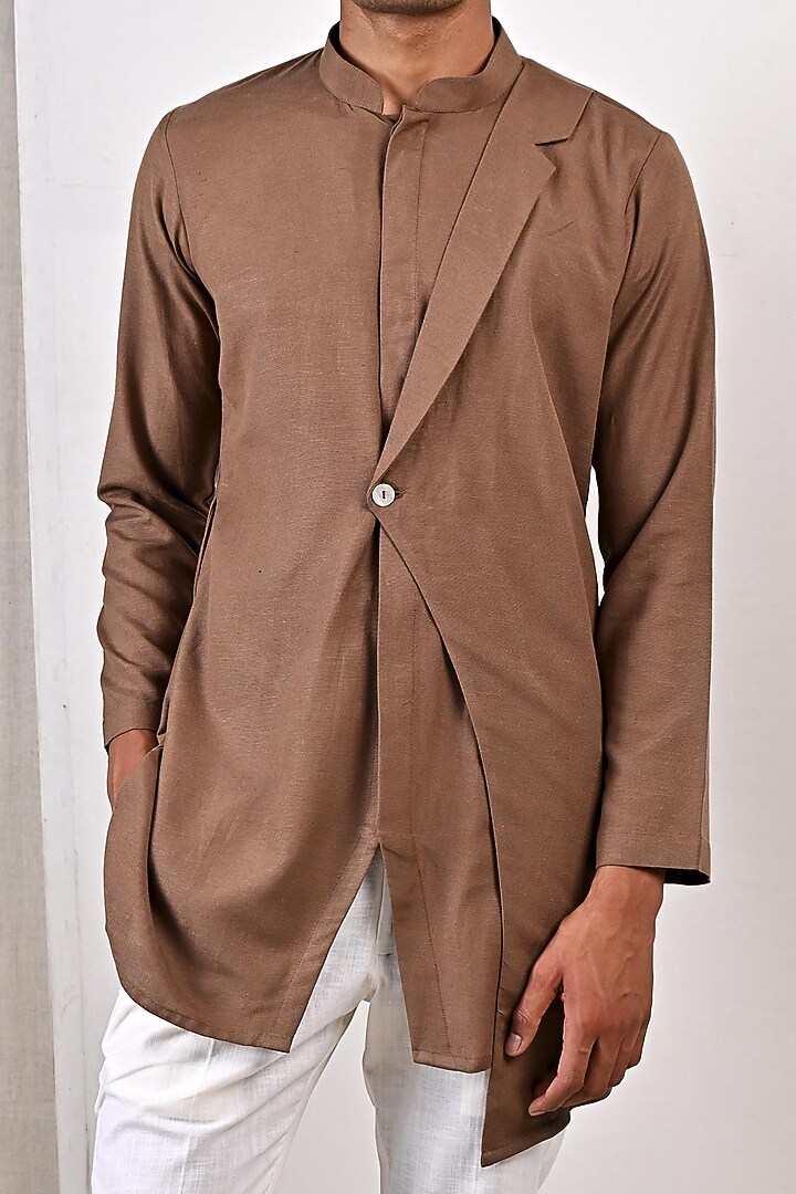 Light Brown Linen Paneled Kurta Set by Bohame Men at Pernia's Pop Up Shop