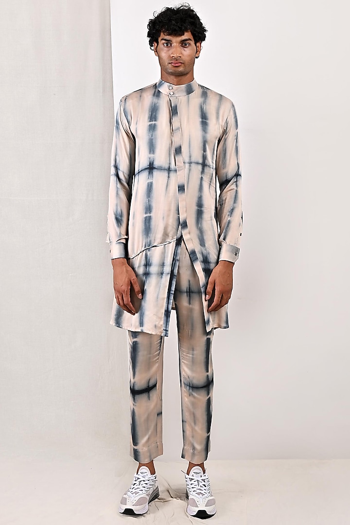 Peach & Blue Stripe Printed Kurta Set by Bohame Men