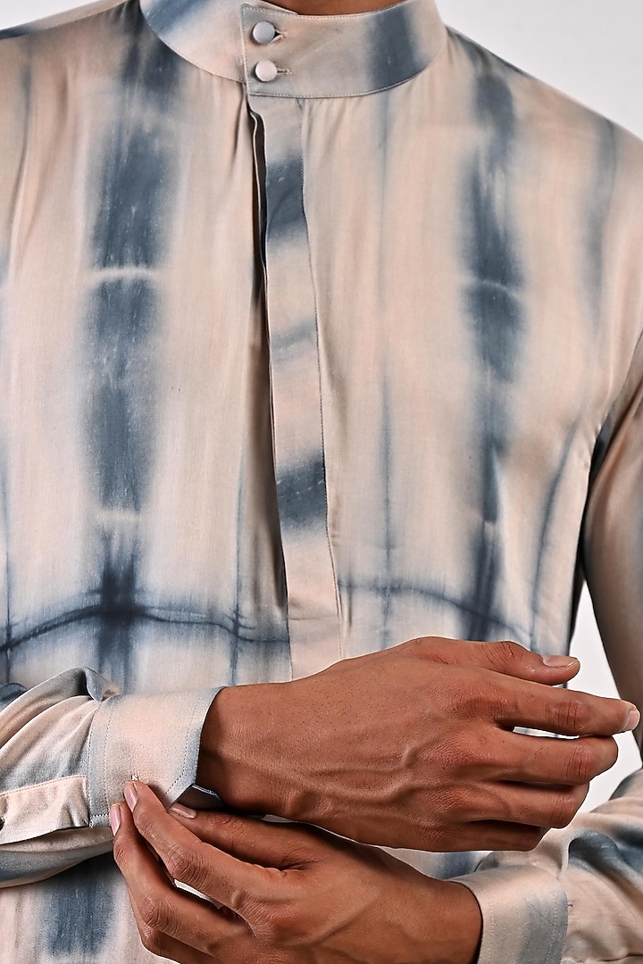 Peach Modal Tie-Dye Printed Asymmetric Kurta Set by Bohame Men at Pernia's Pop Up Shop