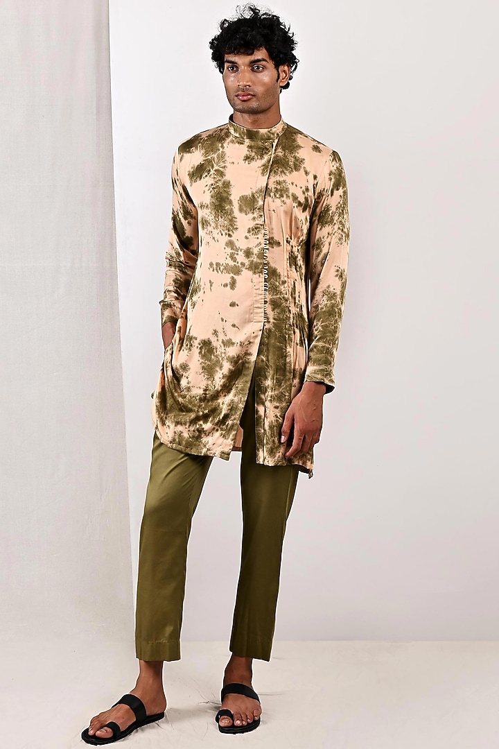 Beige Modal Tie-Dyed Printed Kurta Set by Bohame Men at Pernia's Pop Up Shop
