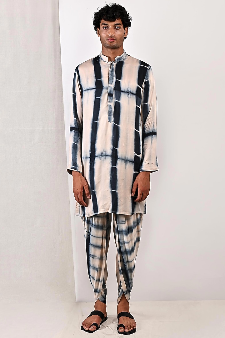 Peach Modal Tie-Dye Printed Kurta Set by Bohame Men at Pernia's Pop Up Shop