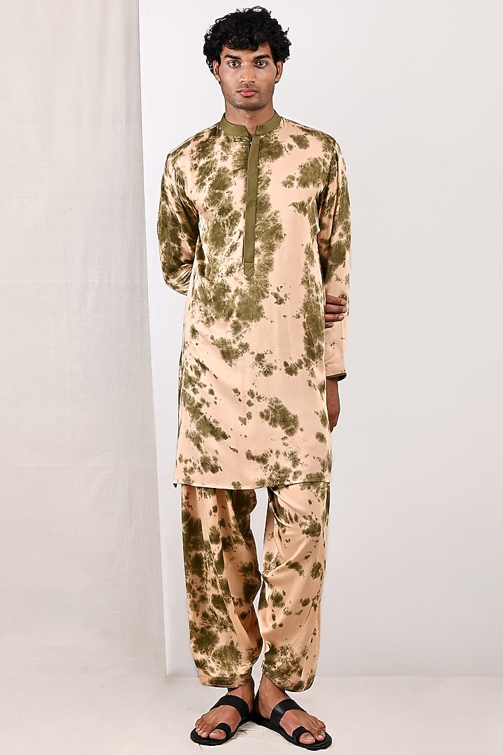 Beige & Green Modal Tie-Dye Printed Kurta Set by Bohame Men at Pernia's Pop Up Shop