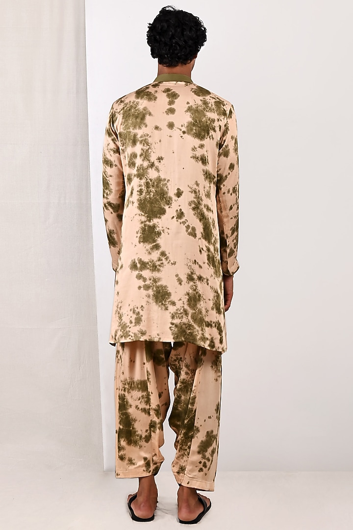Beige & Green Modal Tie-Dye Printed Kurta Set by Bohame Men at Pernia's Pop Up Shop