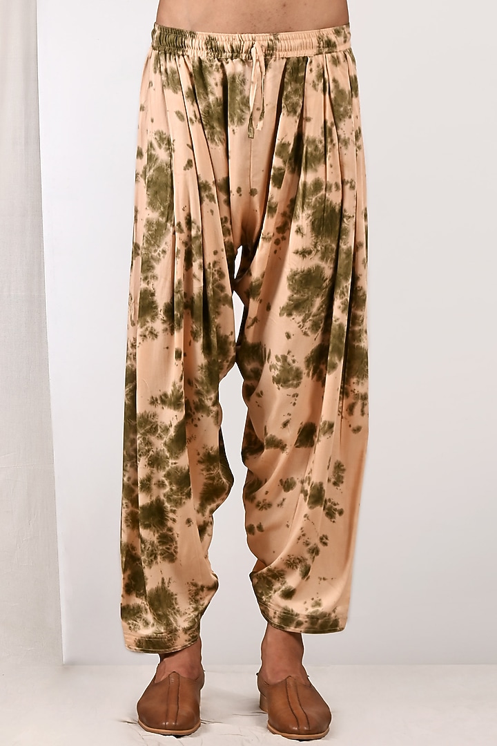 Beige & Green Modal Tie-Dye Printed Kurta Set by Bohame Men at Pernia's Pop Up Shop