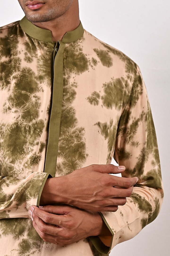 Beige & Green Modal Tie-Dye Printed Kurta Set by Bohame Men at Pernia's Pop Up Shop