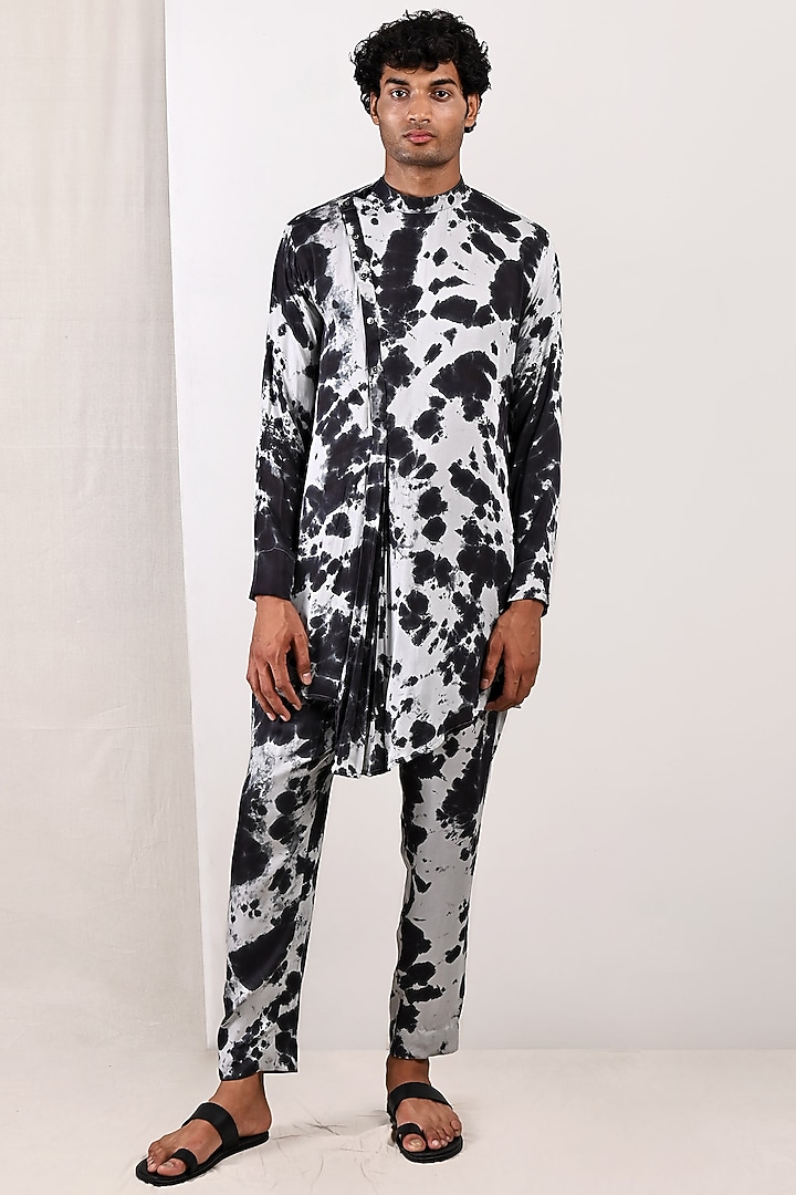 Grey & Black Modal Tie-Dye Printed Kurta Set by Bohame Men at Pernia's Pop Up Shop