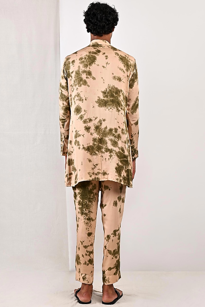 Beige & Green Modal Tie-Dye Printed Overlapped Kurta Set by Bohame Men at Pernia's Pop Up Shop