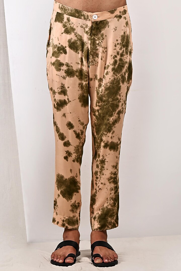 Beige & Green Modal Tie-Dye Printed Overlapped Kurta Set by Bohame Men at Pernia's Pop Up Shop
