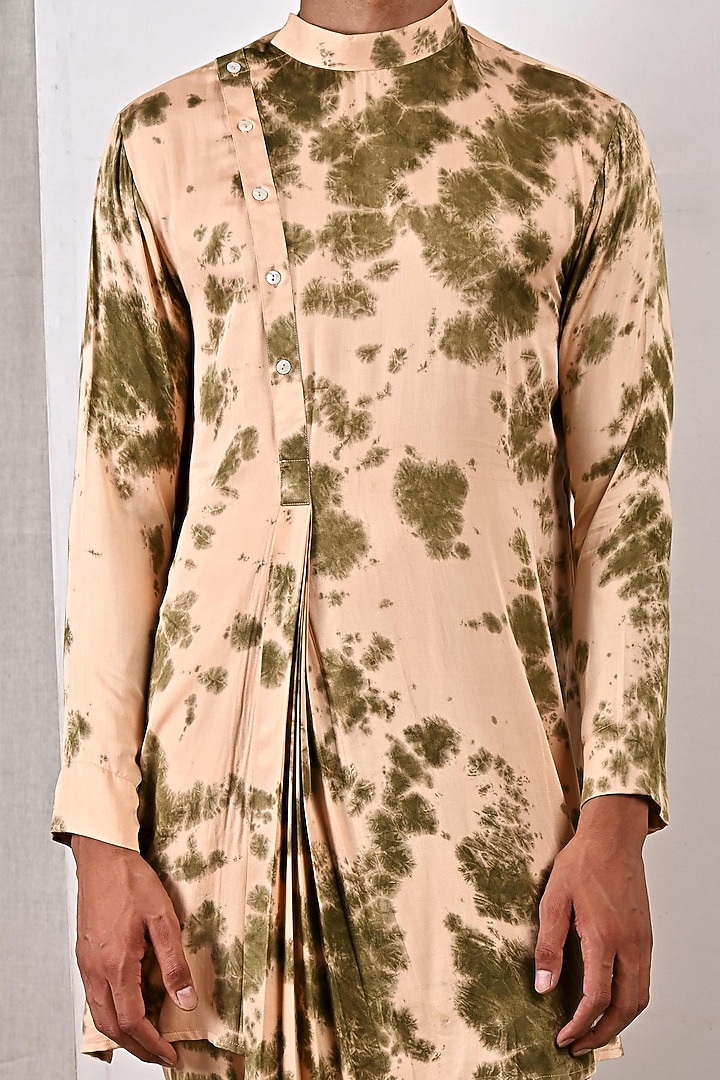 Beige & Green Modal Tie-Dye Printed Overlapped Kurta Set by Bohame Men at Pernia's Pop Up Shop