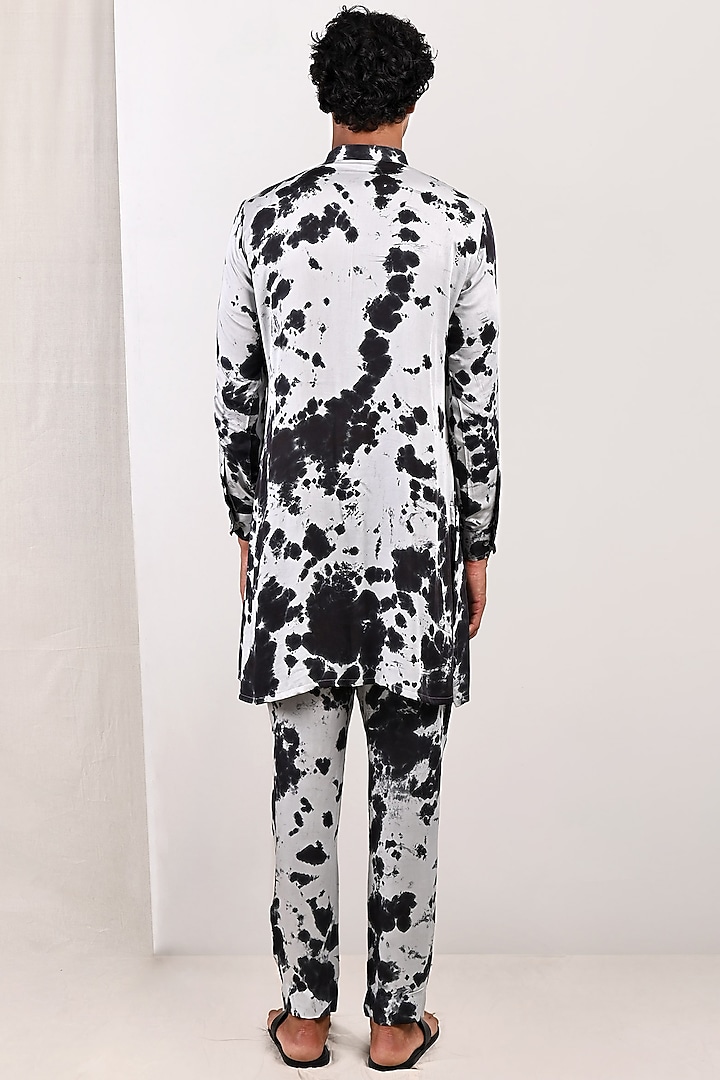 Light Grey & Black Modal Tie-Dye Printed Overlapped Kurta Set by Bohame Men at Pernia's Pop Up Shop