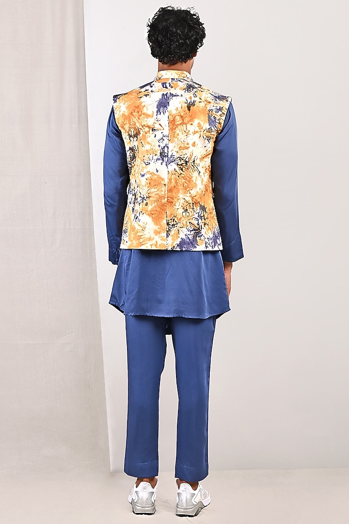 Cream & Mustard Linen Tie-Dye Printed Quilted Bundi Jacket Set by Bohame Men at Pernia's Pop Up Shop