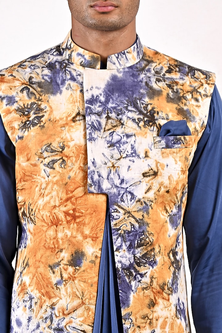 Cream & Mustard Linen Tie-Dye Printed Quilted Bundi Jacket Set by Bohame Men at Pernia's Pop Up Shop
