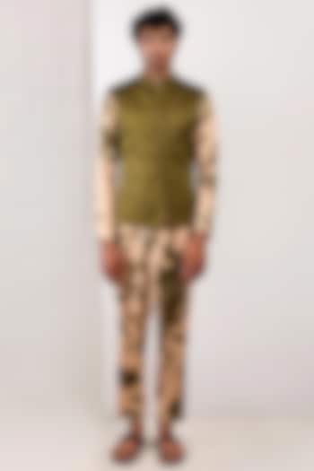 Green Modal Asymmetric Pleated Bundi Jacket Set by Bohame Men at Pernia's Pop Up Shop