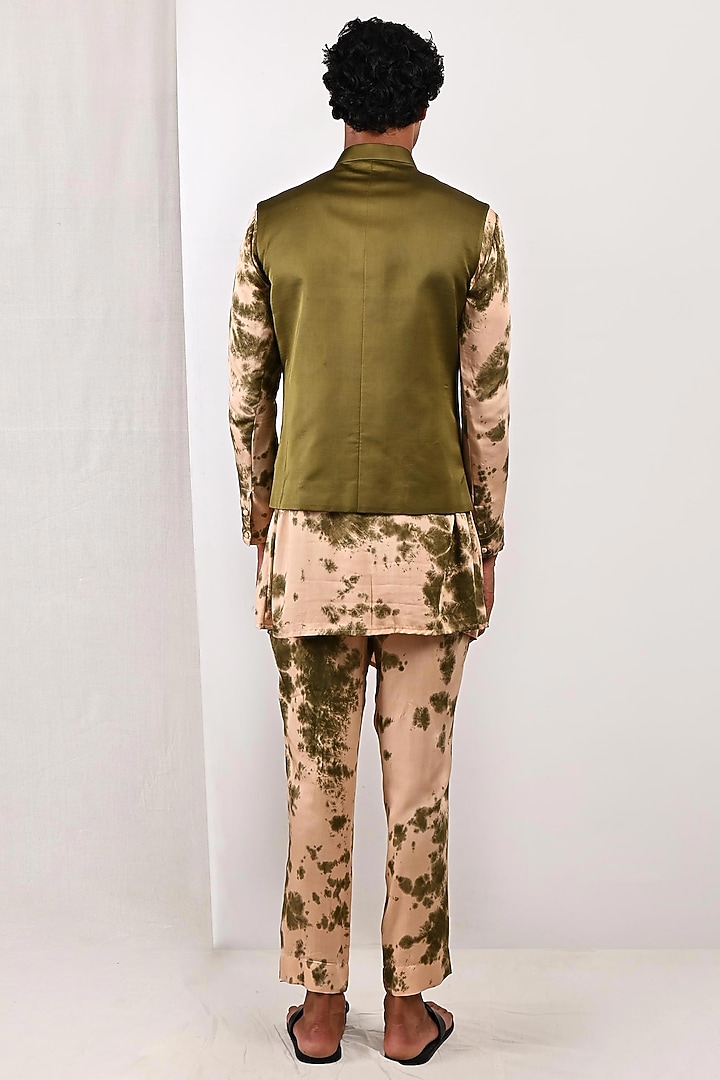 Green Modal Asymmetric Pleated Bundi Jacket Set by Bohame Men at Pernia's Pop Up Shop