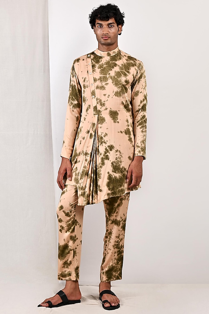 Green Modal Asymmetric Pleated Bundi Jacket Set by Bohame Men at Pernia's Pop Up Shop