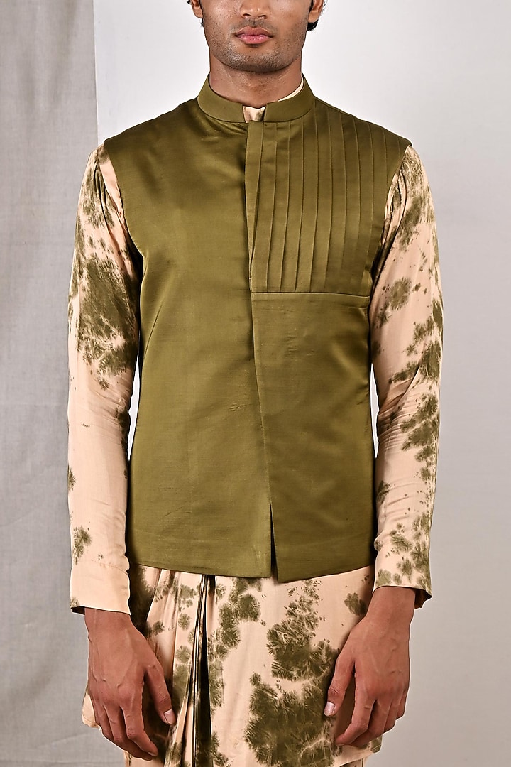 Green Modal Asymmetric Pleated Bundi Jacket Set by Bohame Men at Pernia's Pop Up Shop