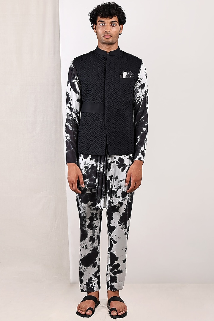 Black Modal Bundi Jacket With Kurta Set by Bohame Men