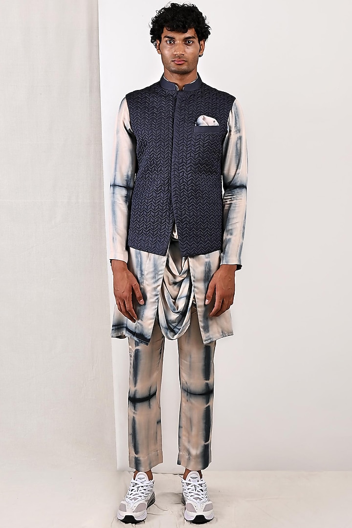 Blue Modal Bundi Jacket With Kurta Set by Bohame Men