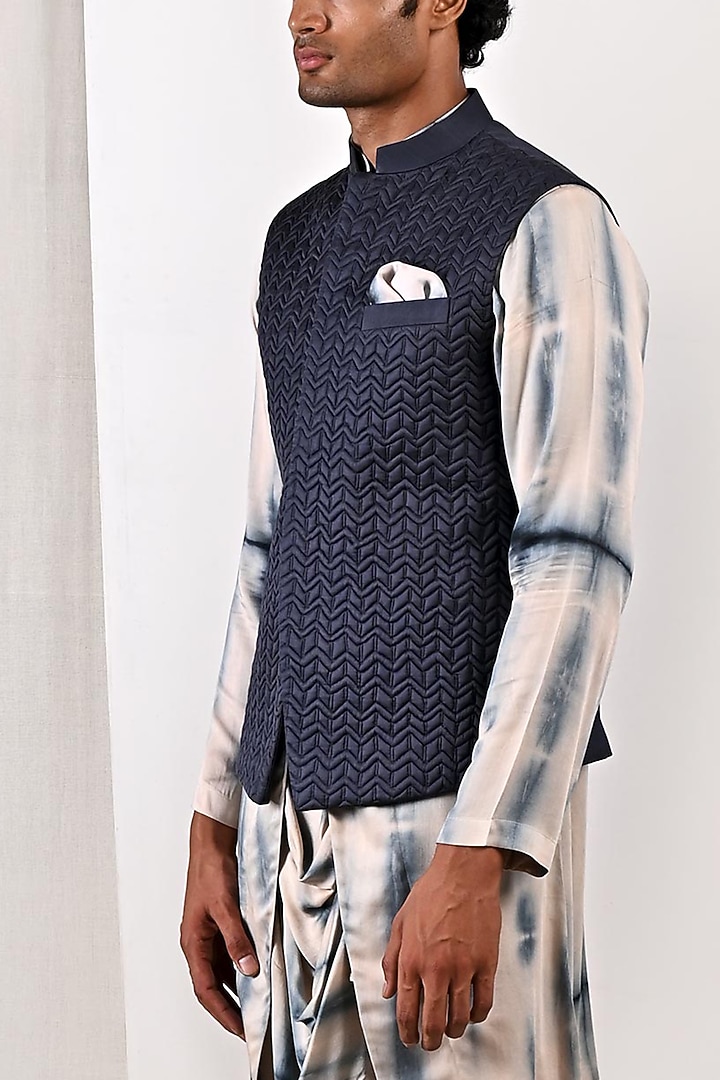 Blue Modal Bundi Jacket With Kurta Set by Bohame Men at Pernia's Pop Up Shop