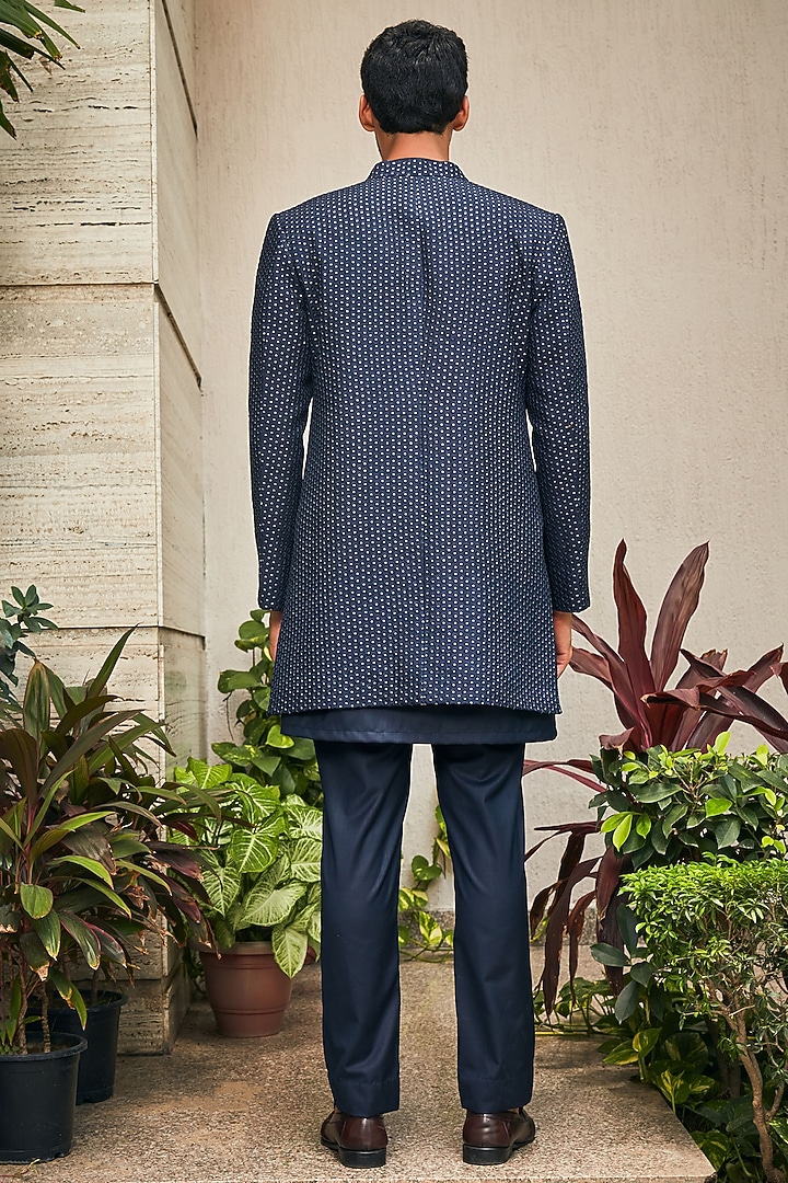 Midnight Blue Georgette Chikankari Embroidered Wedding Indowestern Set by Bohame Men at Pernia's Pop Up Shop