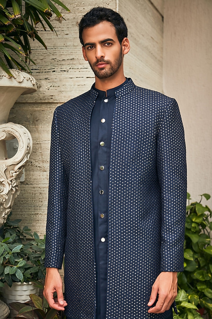 Midnight Blue Georgette Chikankari Embroidered Wedding Indowestern Set by Bohame Men at Pernia's Pop Up Shop