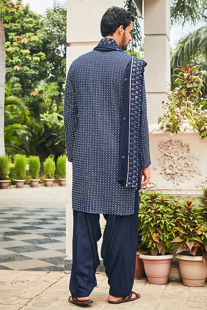 Midnight Blue Georgette Chikankari Embroidered Kurta Set by Bohame Men at Pernia's Pop Up Shop