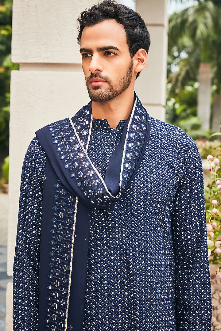 Midnight Blue Georgette Chikankari Embroidered Kurta Set by Bohame Men at Pernia's Pop Up Shop