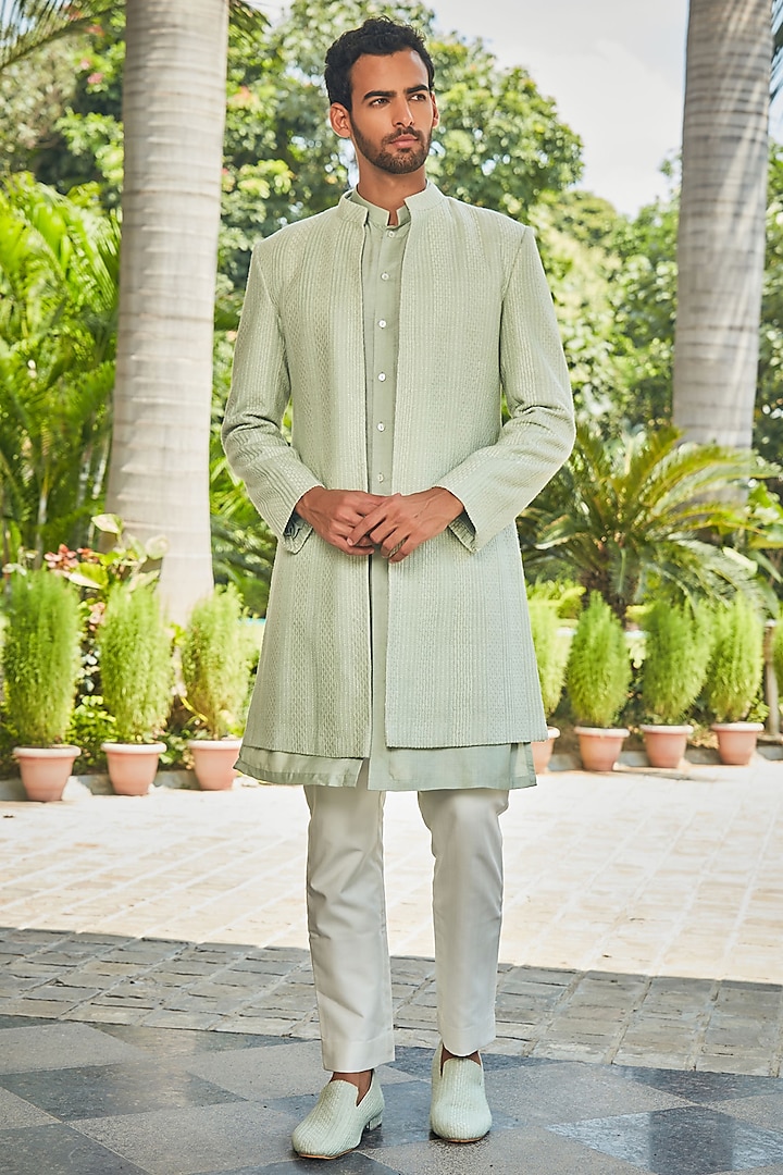 Pastel Green Georgette Chikankari Embroidered Indo-Western Set by Bohame Men