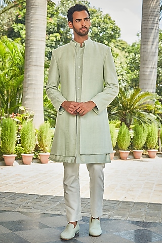 Pastel Green Georgette Chikankari Embroidered Indowestern Set by Bohame Men