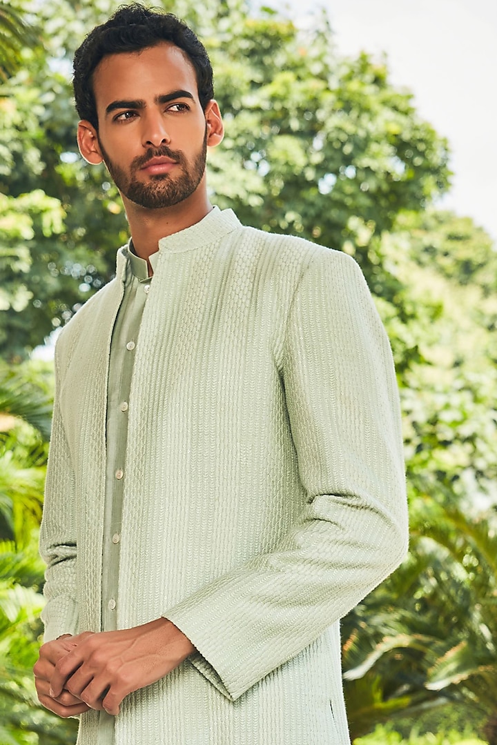 Pastel Green Georgette Chikankari Embroidered Wedding Indowestern Set by Bohame Men at Pernia's Pop Up Shop