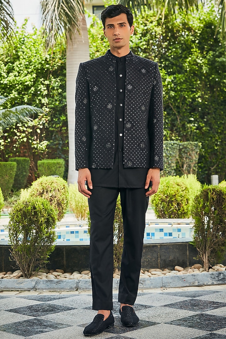 Black Georgette Chikankari Embroidered Indo-Western Set by Bohame Men at Pernia's Pop Up Shop