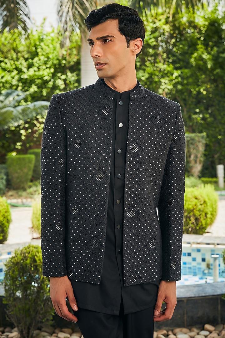 Black Georgette Chikankari Embroidered Indo-Western Set by Bohame Men at Pernia's Pop Up Shop