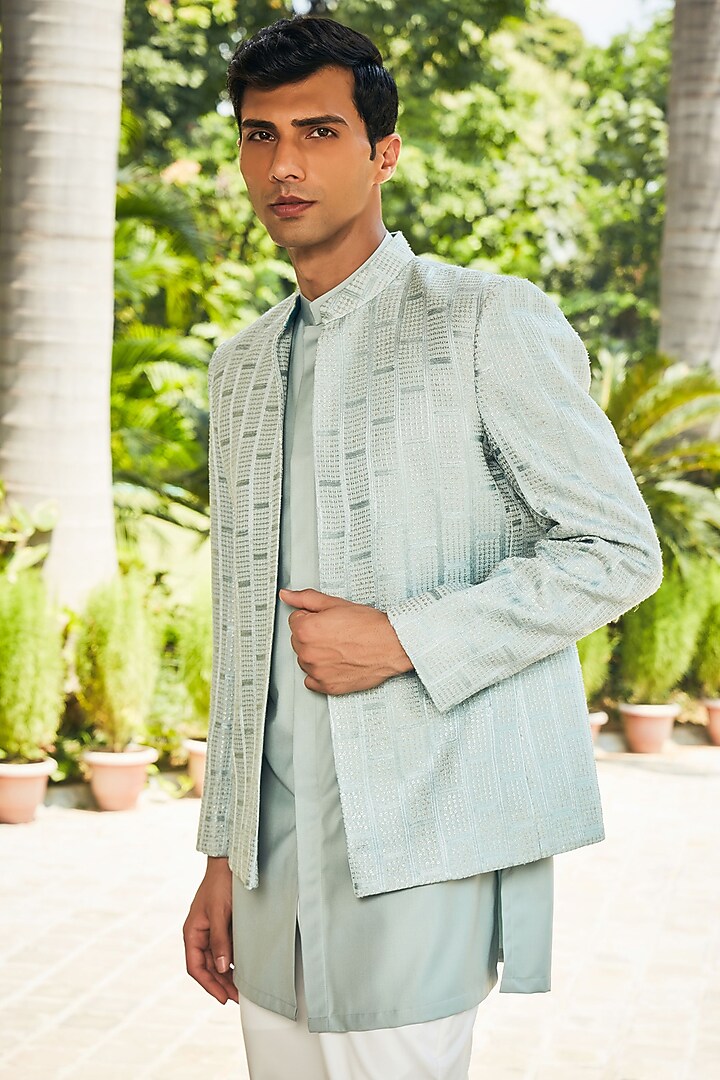Mint Green Georgette Chikankari Embroidered Indo-Western Set by Bohame Men at Pernia's Pop Up Shop