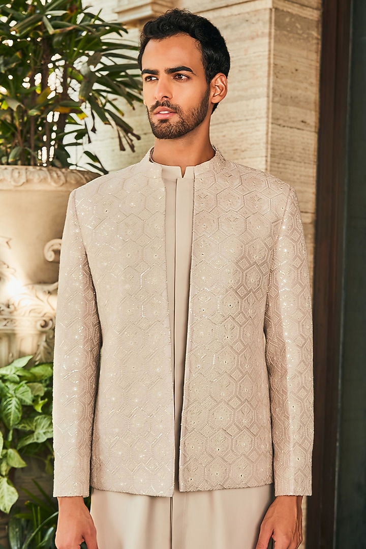 Ivory Georgette Chikankari Embroidered Indo-Western Set by Bohame Men at Pernia's Pop Up Shop