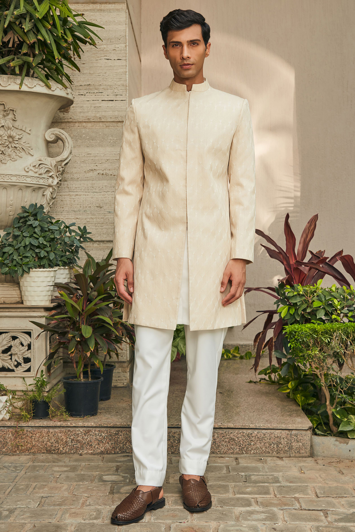 Beige Georgette Chikankari Embroidered Achkan Jacket Set by Bohame Men